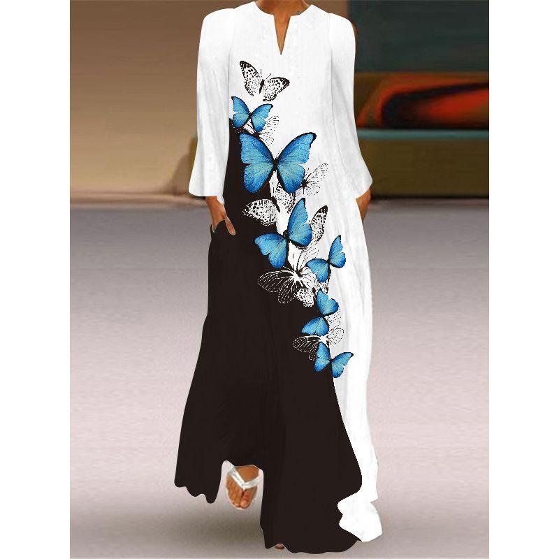 Purple Butterfly Pattern 3D Print V-neck Long-Sleeve Dress Stage Show Women's Travel Holiday Style Beach Dress