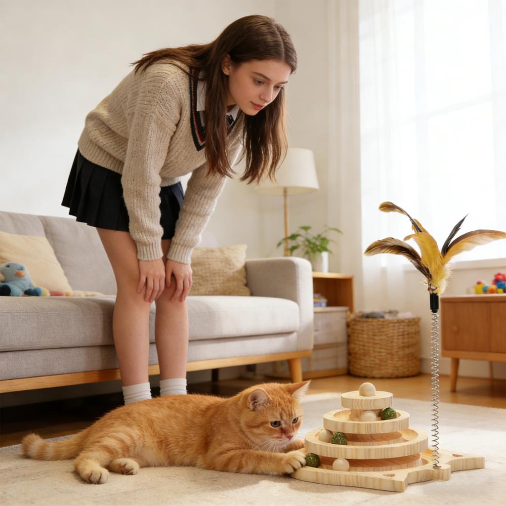 Wooden Cats Toy Set: Turntable, Catnip Teaser Wand & Scratching Post – Ideal For Indoor Cats’ Self-Play & Care