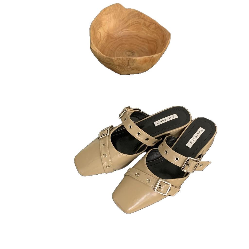 Design Sense Belt Buckle Bag Head Slippers Women's 2025 New Square Head Low Heel One Pedal Mueller Shoes Empty Half Drag