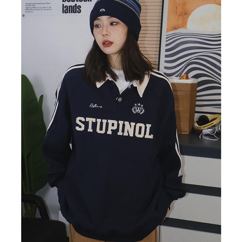 

Preppy Retro Embroidered Long Sleeve Polo Shirt, Trendy Loose Fit, Turn-Down Collar, Versatile Couple Style with Side Stripes XL (125-150 lbs)