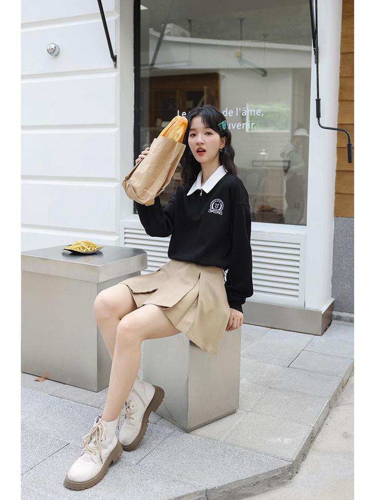 Women's Retro Embroidered Polo Collar Half-Zip Pullover - 2025 Spring/Autumn Collection