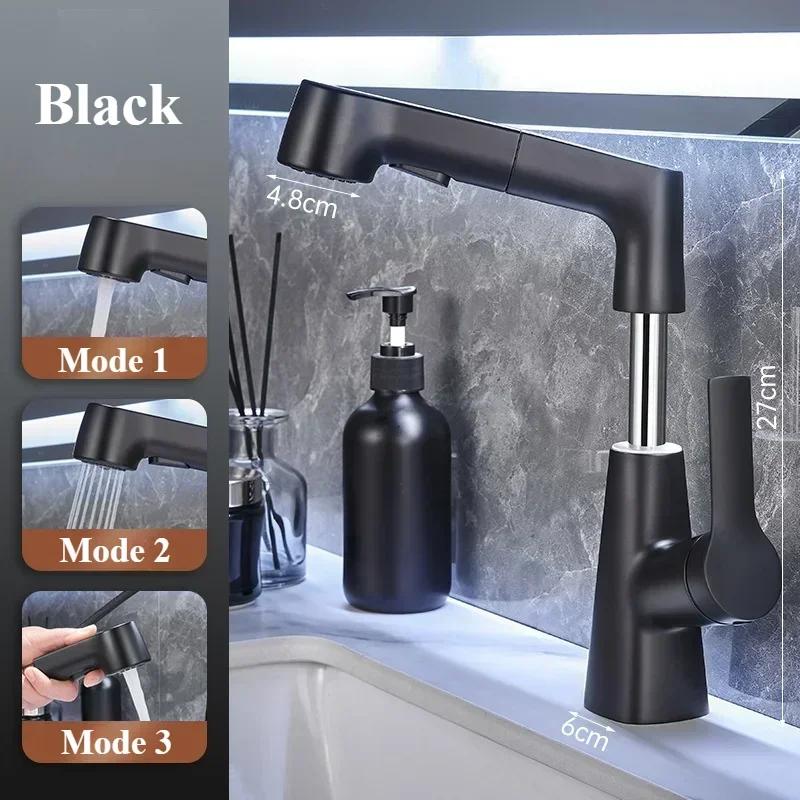 Robinet de salle de bain rotatif à tirette Sortie d'eau chaude et froide Robinet d'évier Sortie d'eau à trois modes Robinet de lavabo de salle de bain Robinet Robinet