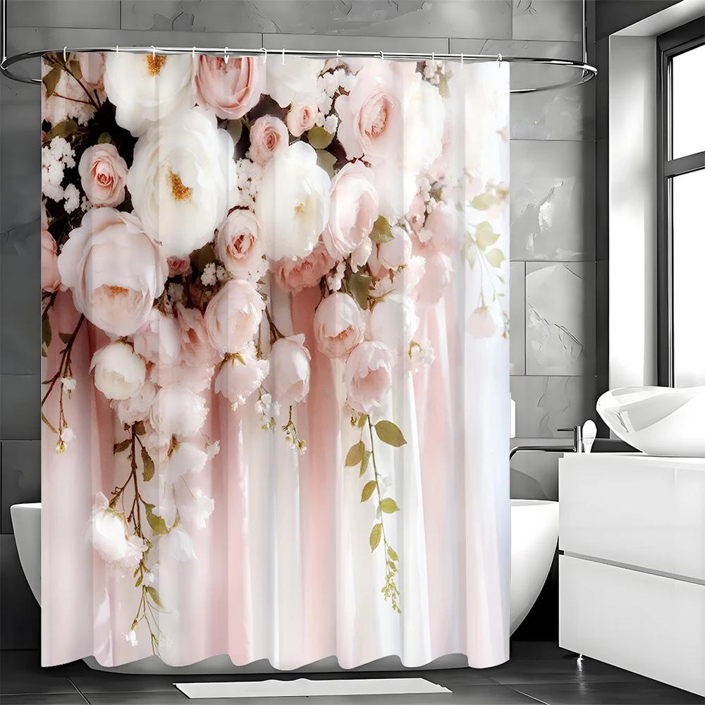 Różowa Zasłona Prysznicowa w Kwiaty Róży, Dekoracyjna Zasłona Prysznicowa do Łazienki, Wodoodporna Zasłona Prysznicowa z Haczykami