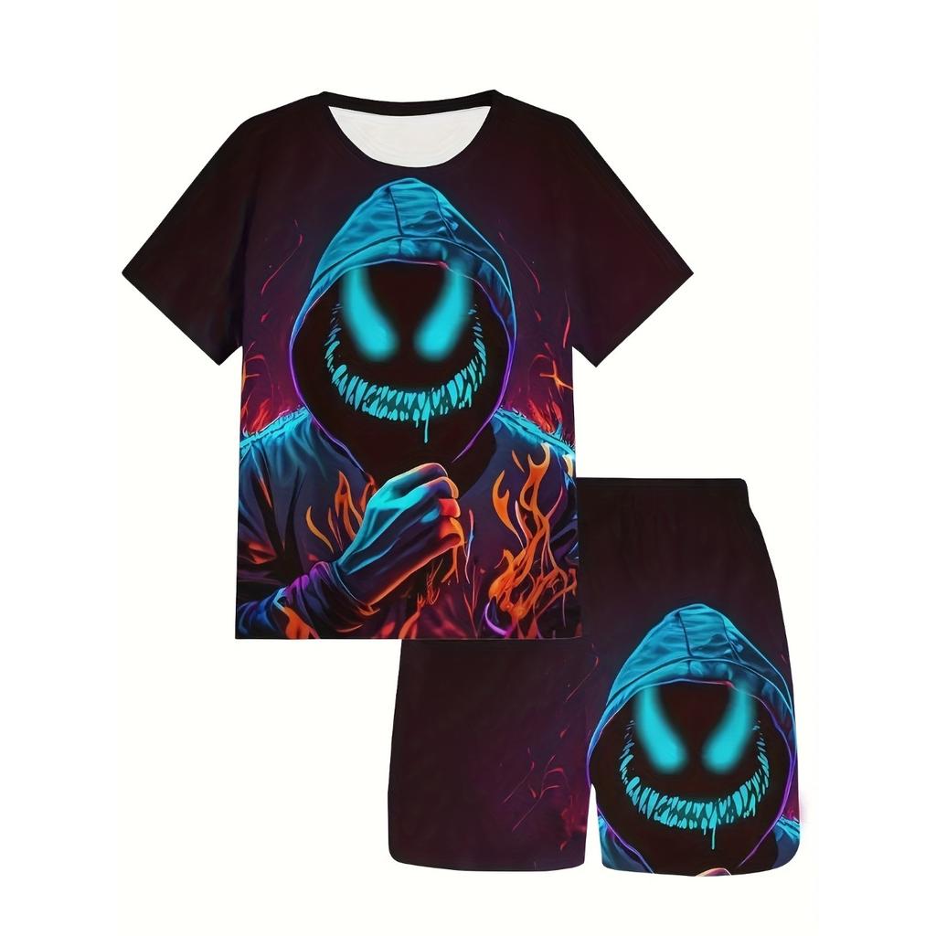 The 2025 summer new children's set features a casual 3D pattern printed polyester fiber, which is breathable and lightweight