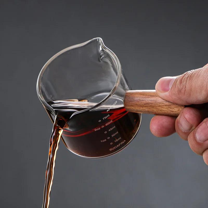 50/75/100ML Wooden Handle Glass Espresso Measuring Cup Double/Single Mouth Milk Latte Jug Coffee Supplies Kitchen Mug Drinkware