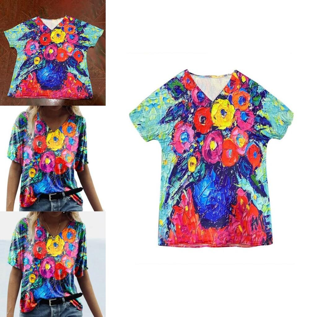 Summer Casual T Shirt With Floral Print And V Neck For Women