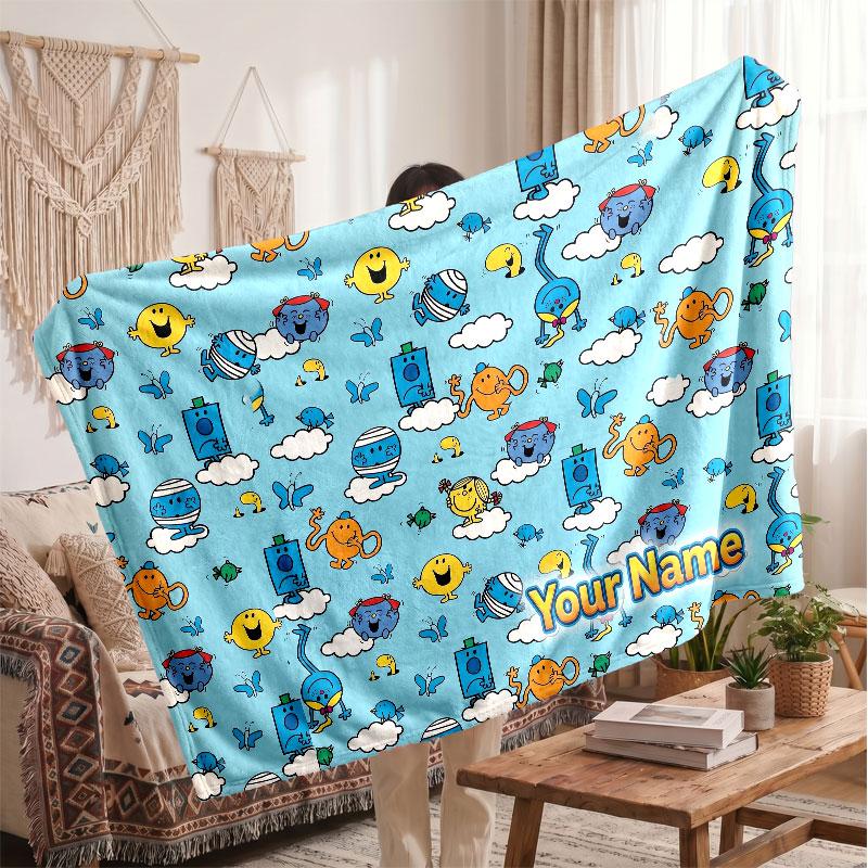 Mr. Men & Little Miss Personalized Flannel Blanket, Custom Printed Text Name, Warm Soft Blanket For Couch Bed