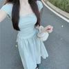 Blue Square Neck Suspender Dress Women's Summer New Splicing Skirt Feeling Waist and Thin Dress