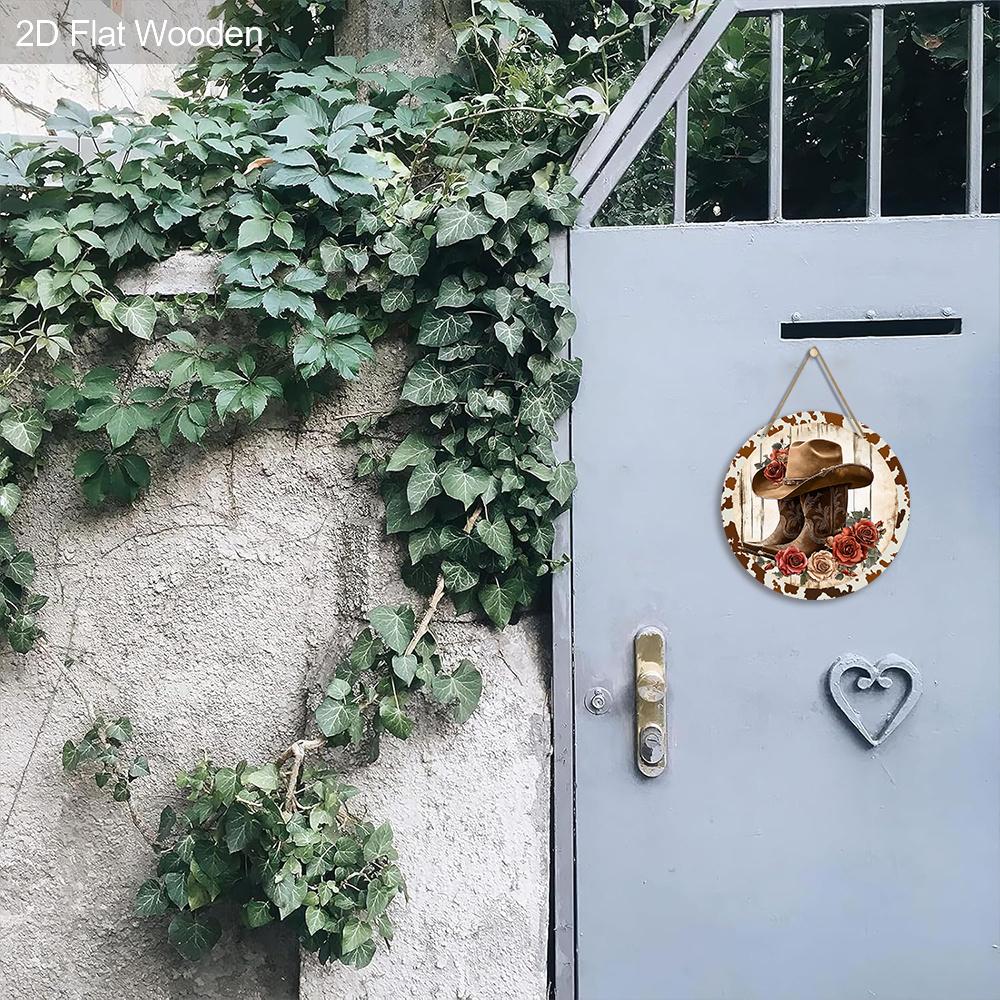 Cowboy Style Wooden Sign with Boots & Flowers Pattern - Retro Round Sign for Front Door, Wall Decor - Ideal Hanging Plaque Party Decoration