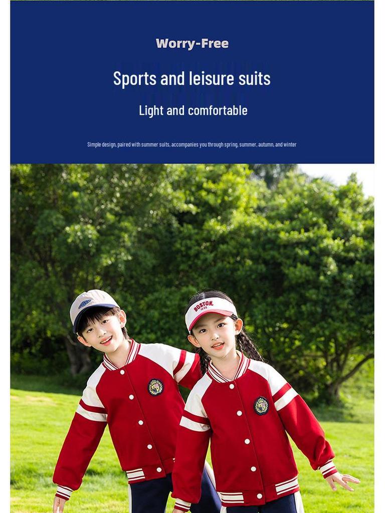 Spring-Autumn Academy-Style Navy Blue Kindergarten & Primary School Baseball Jacket Set