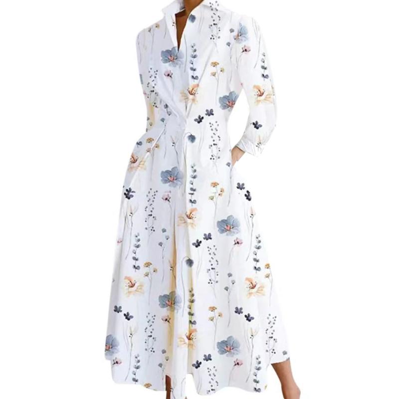 

BITCED женские летние весенние модные однотонные повседневные платья-поло с длинным рукавом и высокой талией с принтом XXL белый/синий