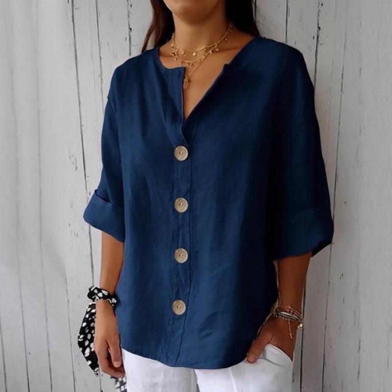 Fashion New Loose Casual Shirt Plus Size Summer and Autumn Women's V-neck Buttons T-shirt Elegant Solid Color Simple Top Woman Basic Sweet Blouse