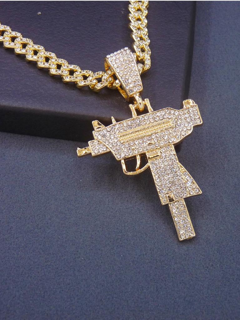 Men's Hip Hop 14K Gold Plated AK Gun Pendant Necklace Rhinestones Daily Party Wear Fashion Zircon Accessory