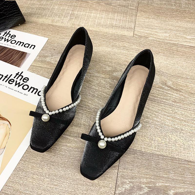 Single Shoes Women's Medium Heel Thick Heel High Heels French Pearl Small Square Head Shallow Mouth Versatile 2025 Spring and Autumn New Women's Shoes
