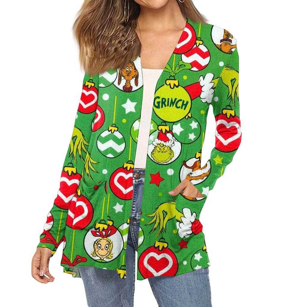 Women's Fashion Christmas Print Long-Sleeved Pocketed Slim-Fit Cardigan Coat