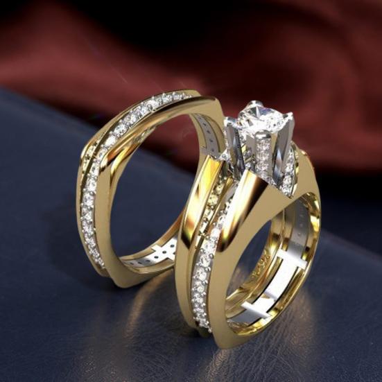 Yousheng 2Pcs Women Rings Two-color Gold-plated Shiny Geometric Sparkling Decoration Gifts Cubic Zirconia Inlaid Wedding Engagement Rings Jewelry for