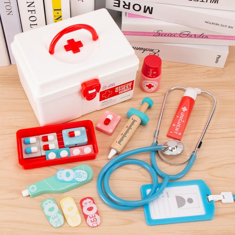 Wooden medicine box, doctor medical kit, baby parent-child interactive role-playing, nurse, children's auscultation toy