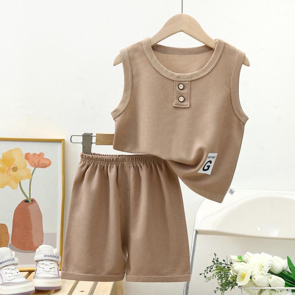 Trendy Waffle Two-Piece Summer Vest Set for Kids: Short-Sleeved Outfit