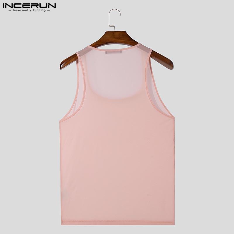 INCERUN Summer Men Sleeveless Semi-Sheer Stretch Skinny Tank Tops Gym Underwear