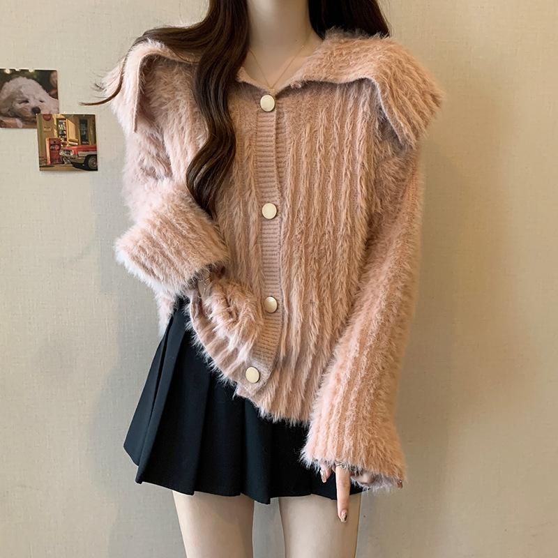 

Женский осенне-зимний вязаный кардиган с пуговицами на лацканах one size fits all розовый