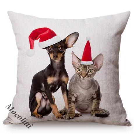 Christmas Sofa Decoration Cushion Cover Cute Pet Dog Animal Wear Red Christmas Hat Lovely Cat Print Throw Pillow Case Cojines