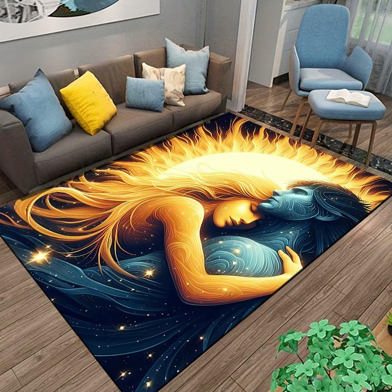 Flannel Rug Sun and Moon Lovers Embracing Golden Celestial Romantic Art Decor for Living Room Bedroom Gift for Women