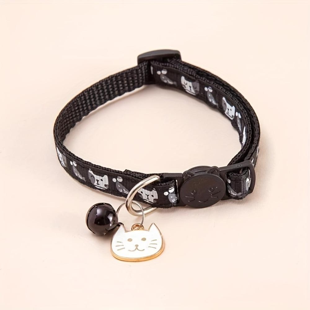 Adjustable Pet Cat Collar Safety Buckle with Cat Face Pendant Bell Anti-lost Cat Necklace Cat Pattern Quick Release