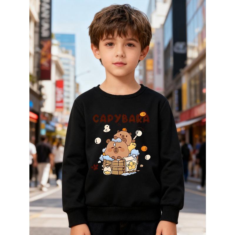 European sizes Kids' Crew Neck Long-Sleeved , Cartoon Capybara Print, Suitable for 3-10 Year Old Kids' Daily Casual Wear, Outdoor Activities