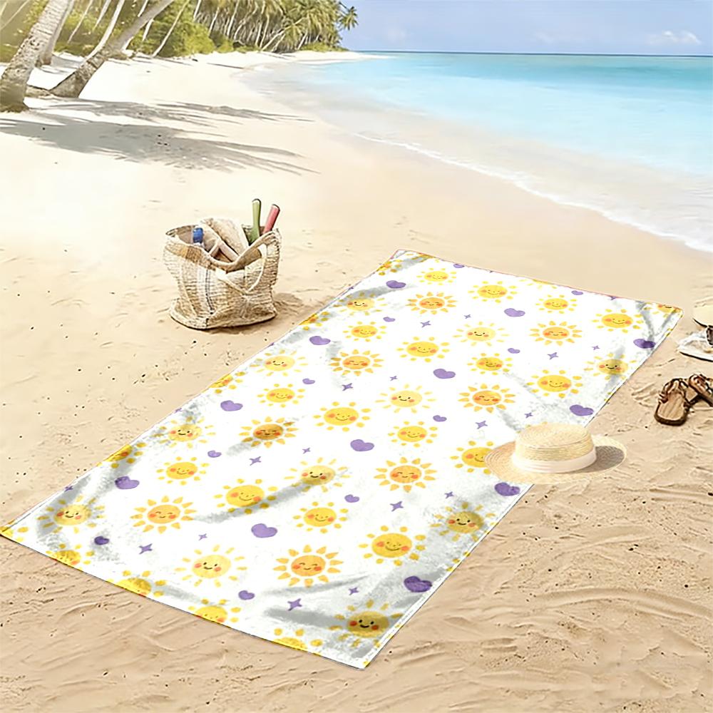 Cute Smiling Sun and Purple Hearts Pattern Beach towel quick-drying for travel outdoor sports jogging beach and swimming