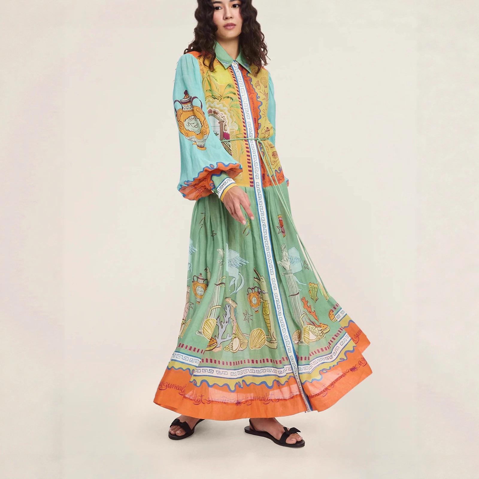 Межстрановой 2025 Повседневная мода Льняное платье с принтом с длинным рукавом Large цветочный