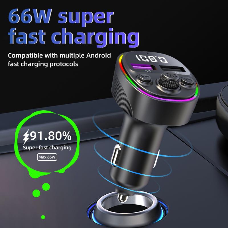 

CS2 Dual USB 66W Super Fast Car Charger Digital Display Car Charger with MP3 Player Bluetooth-compatible FM Transmitter As Shown A