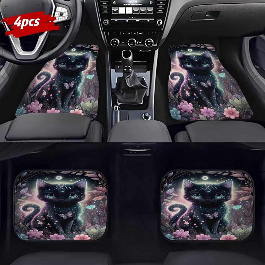 4 шт. Набор ковриков для пола автомобиля «Забавный черный кот» - Прочные полиэстеровые коврики для салона автомобилей, внедорожников, грузовиков - Легкая установка, Нескользящие, Универсальная посадка 4pcs Cute Cat