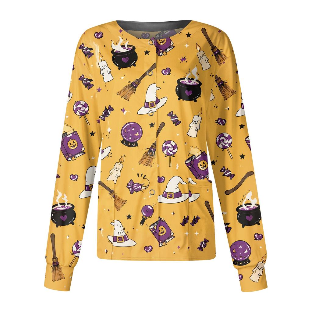 Women's Halloween Print Long Sleeve Button Front Cardigan for Costume Party and Casual Outwear