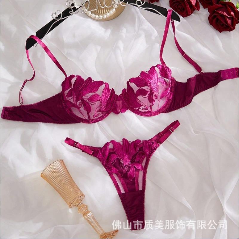 Sexy underwire ultra-thin bra set, big breasts, small transparent lace princess erotic underwear