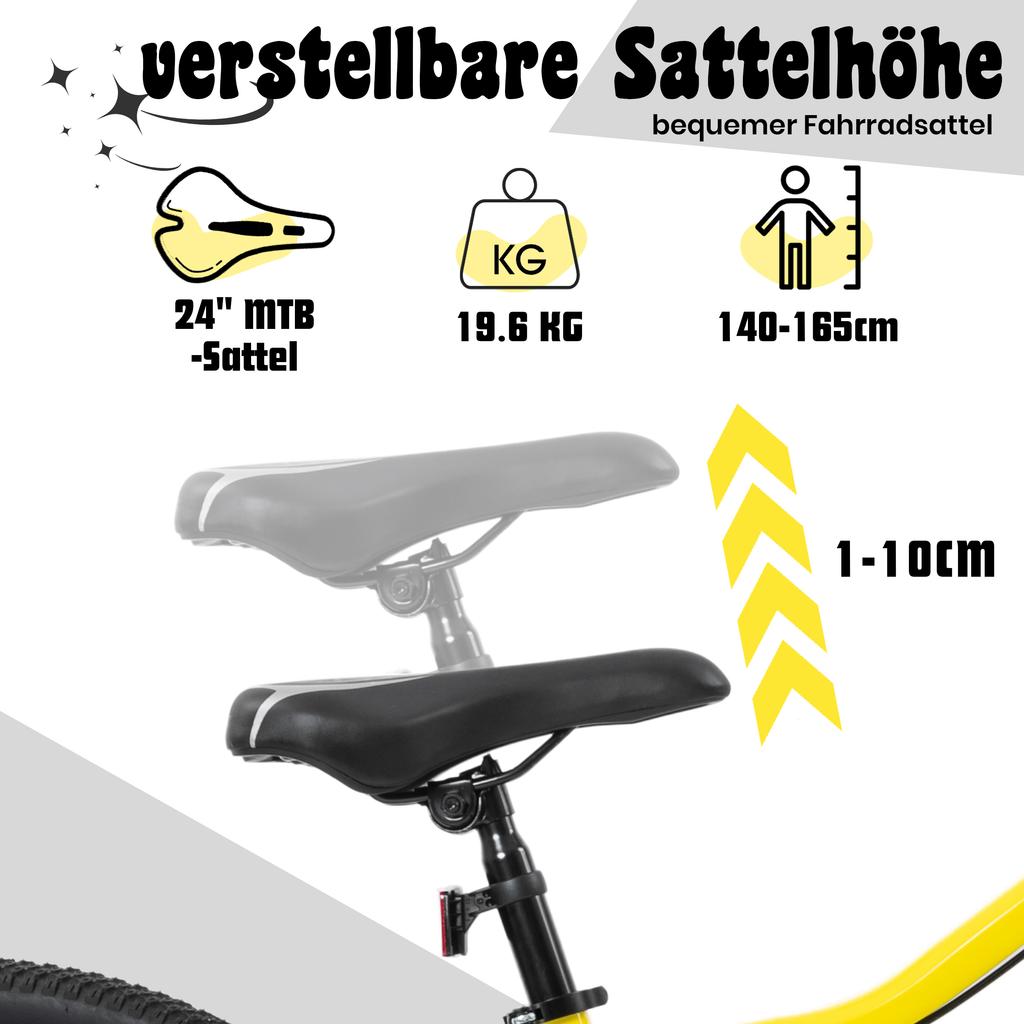 Mountain Bike 24 Inch Boys Girls Kids Bike 6 Speed Gear Chain Derailleur for Kids from 130 cm, Robust Steel Frame and Shock-Absorbing Fork