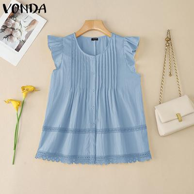 Women Casual Ruffled Sleeveless Lace Crochet Hem Buttons Tank Tops Blouse