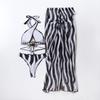 New European And American Neck Halter Three-Piece Swimsuit Women'S Striped Sexy Bikini Beach Dress Cover