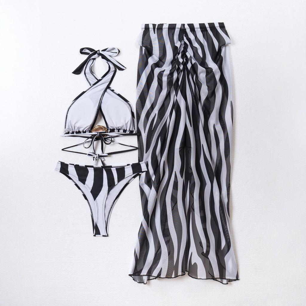 New European And American Neck Halter Three-Piece Swimsuit Women'S Striped Sexy Bikini Beach Dress Cover