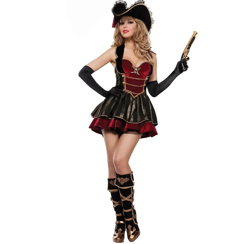 Female Caribbean Pirates Captain Costume Halloween Role Playing Cosplay Suit Medoeval Halloween Fancy Woman Dress one size красный