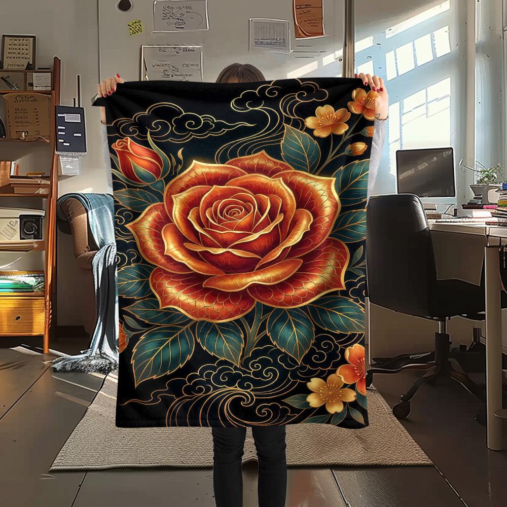 1PC Sleeping Rose  Print FlAannel Blanket, High quality Comfortable for All Seasons, Home Decor, Warmth and Comfort
