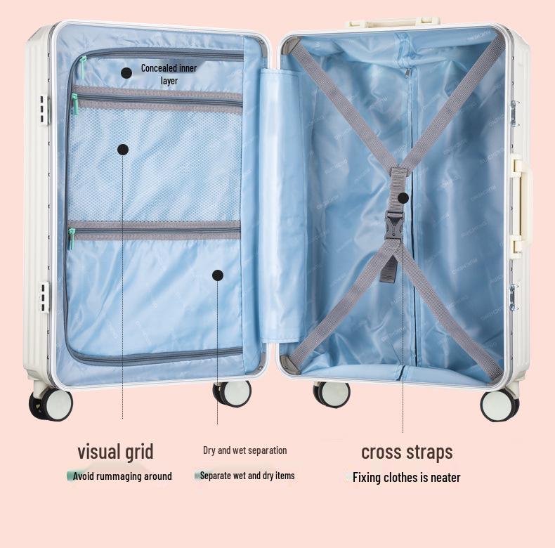 Aluminum Frame Suitcase with Silent Wheels - Wear-Resistant, 24-Inch Boarding Luggage for Students and Travelers