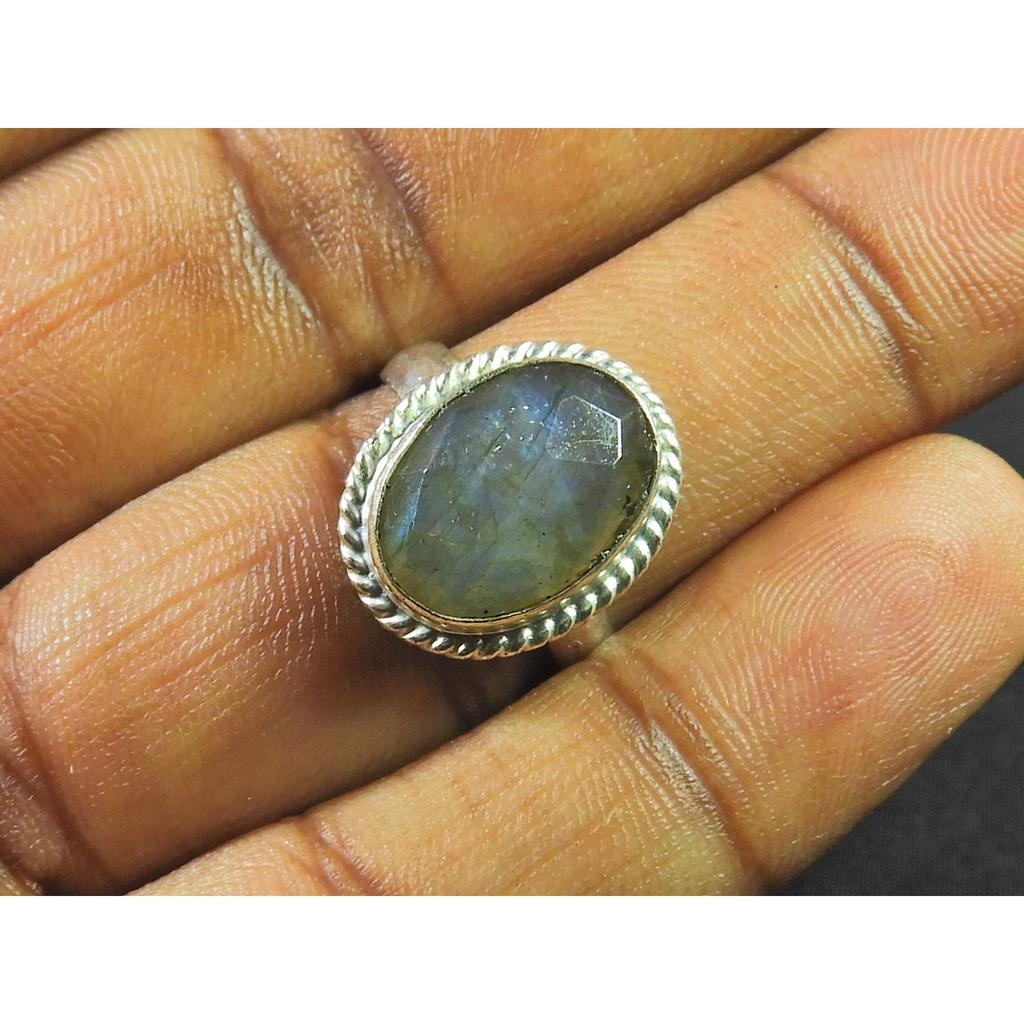 Natural Labradorite 925 Sterling Silver Oval Handmade Vintage Ring Size US-7 MK-56