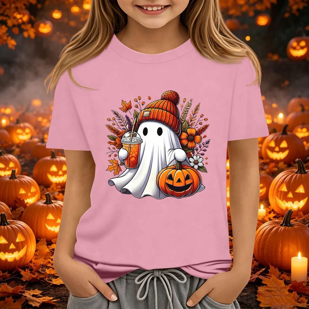 Kids Halloween Printed Short Sleeve T-Shirt Neck Relaxed Fit Casual Top for Boys and Girls