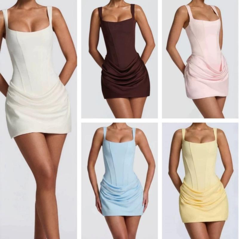 New Women's Clothing French Sexy Wind Square Neck Sleeveless Hip Wrap Strap Waist Short Midi Vest Dress