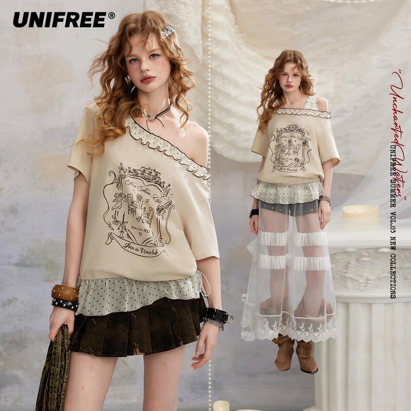 UNIFREE Off-Shoulder Polka Dot Ruffle T-Shirt L