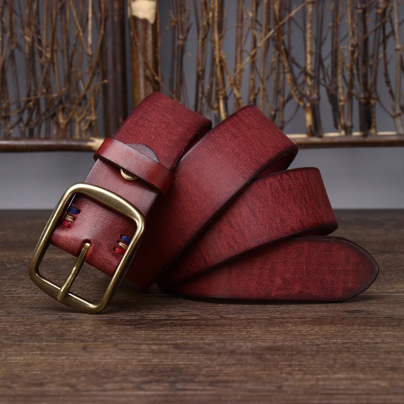 Men's Leather Belt Overalls with Vintage Handmade First Layer Pure Cattlehide Brass Buckle Jeans Genuine Leather Belt