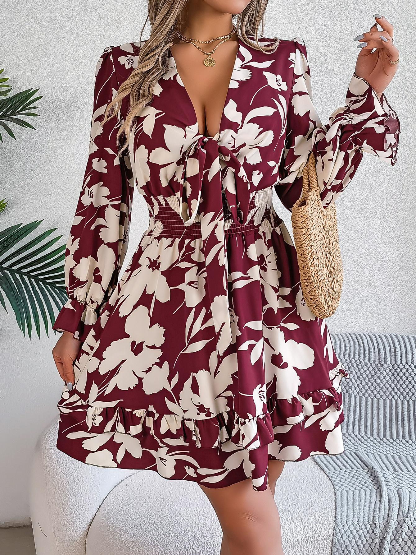 

Floral Print V-Neck Dress with Bow Detail, Flared Sleeves and Ruffled Hem, Women s Casual Summer Dress XL бордовий