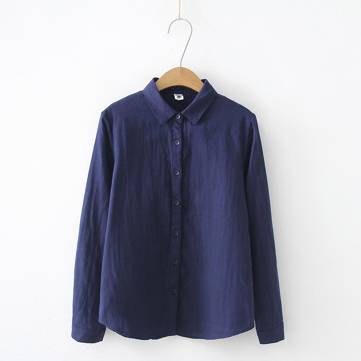 

Женские блузки с длинным рукавом, удобные офисные рубашки из хлопчатобумажной пряжи, повседневные топы, однотонные XXL темно-синий