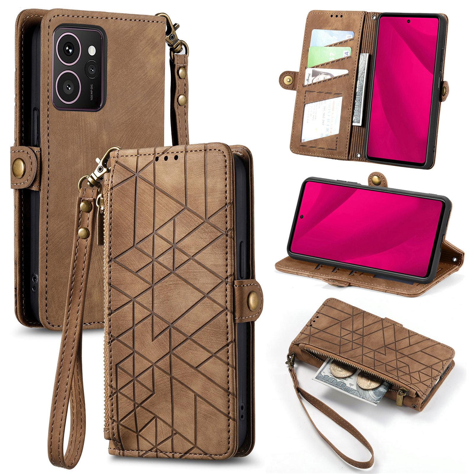 

For HMD Skyline Case Zipper Wallet Geometry Lines Leather Phone Cover Brown