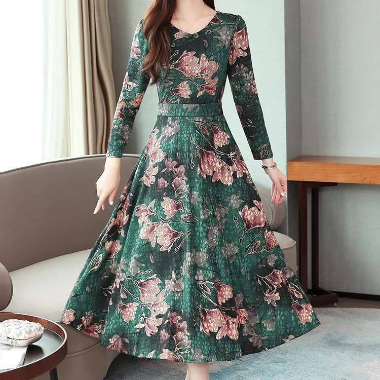 

WTEMPO Весна Лето Осень Винтаж Длинные Рукава Длинные Платья Женские Китайский Стиль Плюс Размер Принты Свободные V-образный Вырез Повседневные Платья XXL зелёный